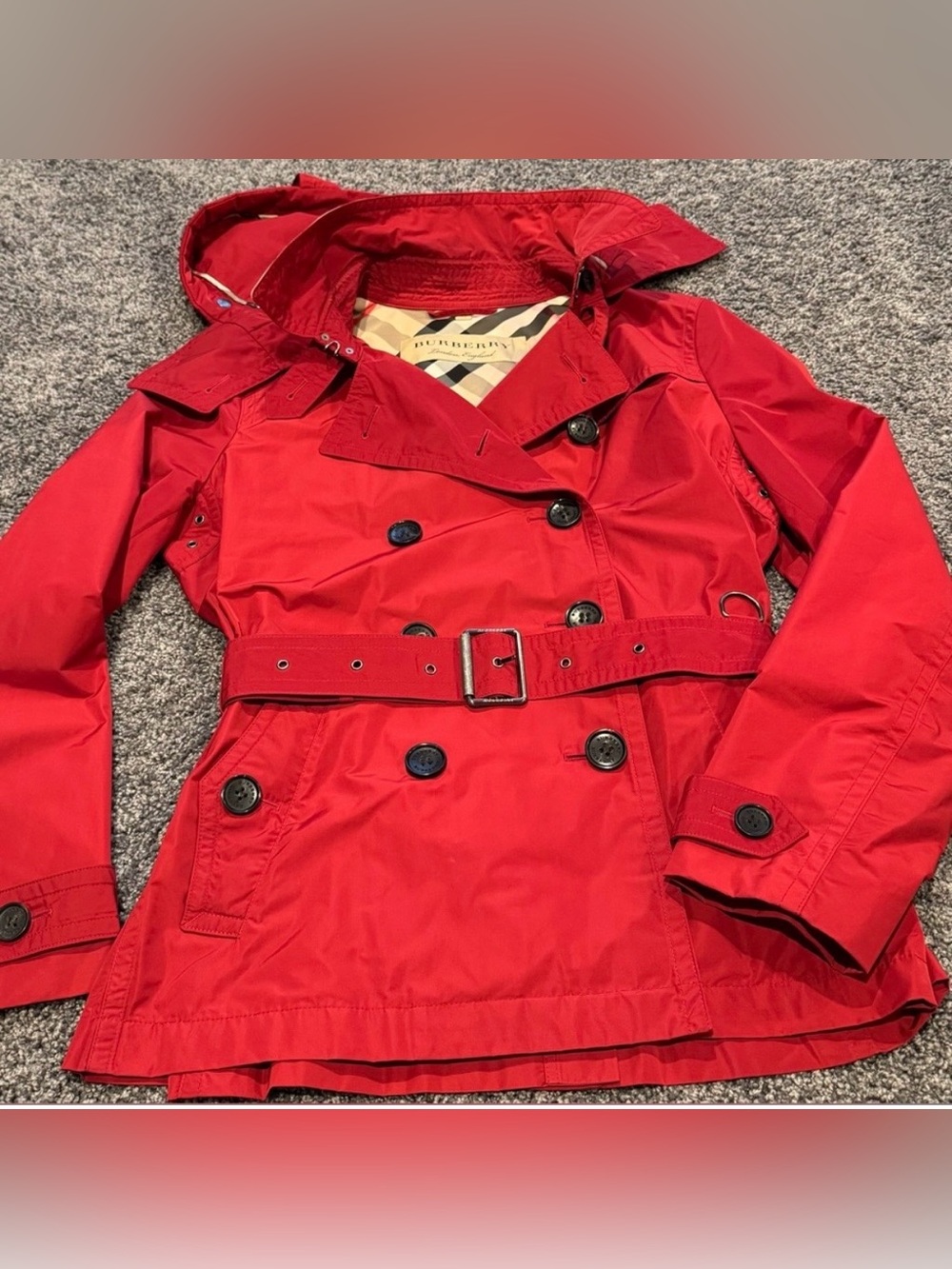 Burberry Balmoral Red Short Trench Coat Hooded Belted Jacket US 14 EUC - Picture 8 of 16